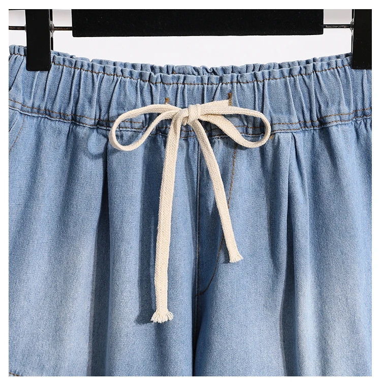 3XL Oversize Denim Wide Leg Shorts Women Summer 100%Cotton Shorts Splice Lace Elastic Waist Cute Soft Girl Frilly Jeans Shorts