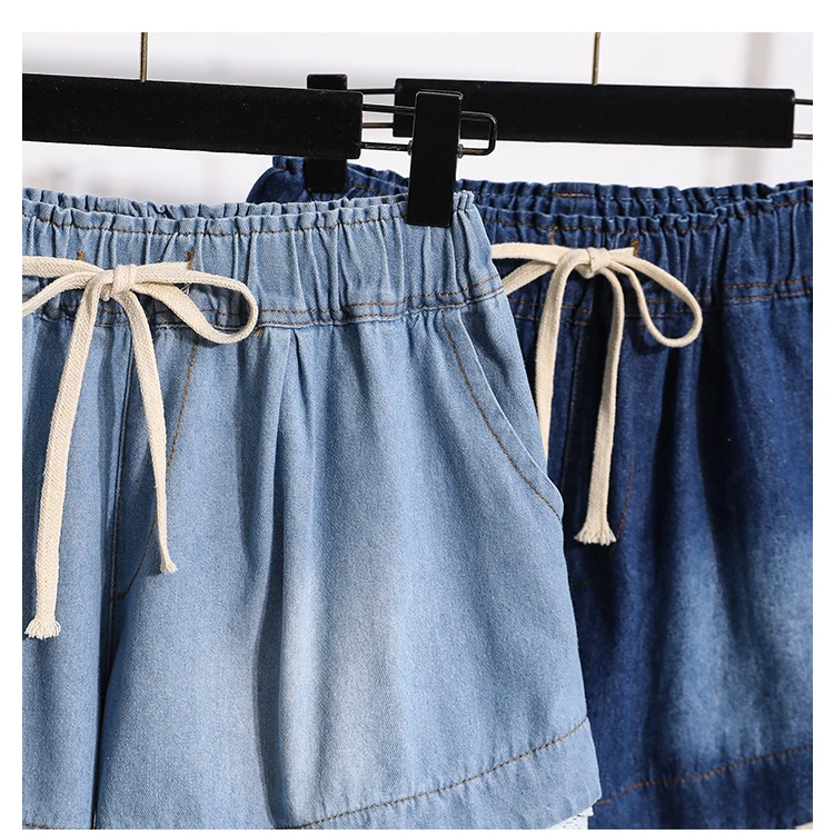 3XL Oversize Denim Wide Leg Shorts Women Summer 100%Cotton Shorts Splice Lace Elastic Waist Cute Soft Girl Frilly Jeans Shorts