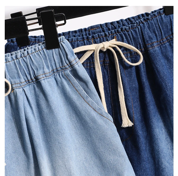 3XL Oversize Denim Wide Leg Shorts Women Summer 100%Cotton Shorts Splice Lace Elastic Waist Cute Soft Girl Frilly Jeans Shorts
