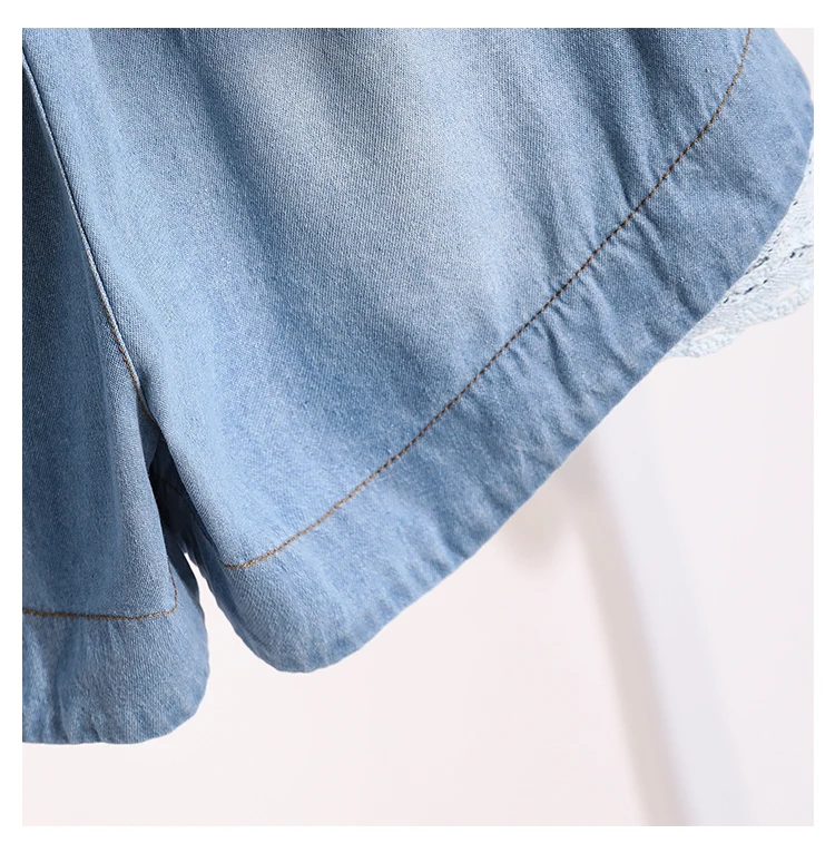 3XL Oversize Denim Wide Leg Shorts Women Summer 100%Cotton Shorts Splice Lace Elastic Waist Cute Soft Girl Frilly Jeans Shorts