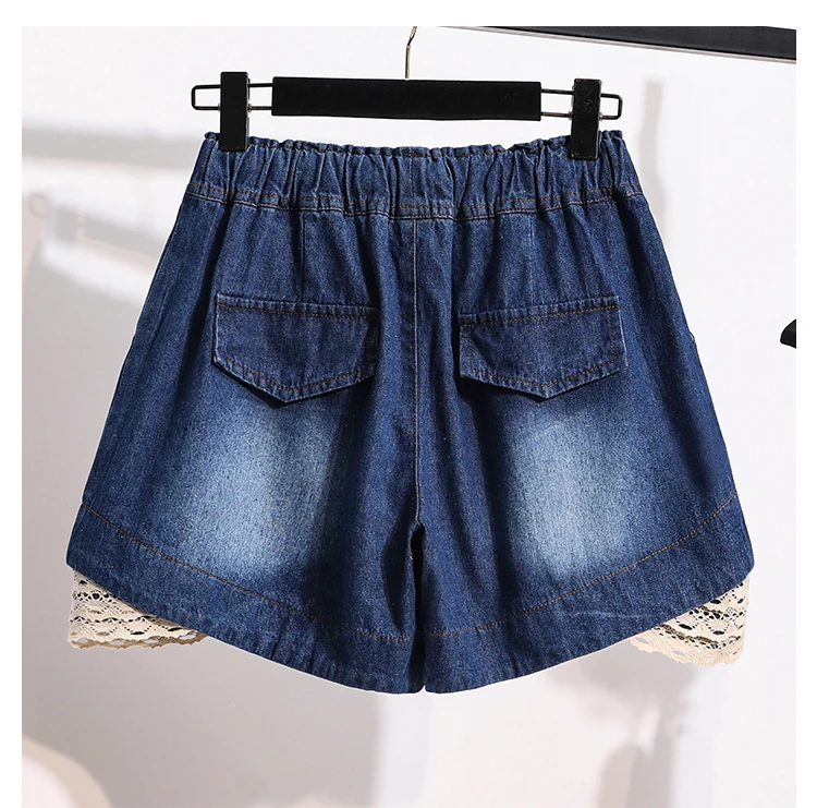 3XL Oversize Denim Wide Leg Shorts Women Summer 100%Cotton Shorts Splice Lace Elastic Waist Cute Soft Girl Frilly Jeans Shorts