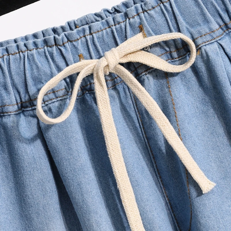 3XL Oversize Denim Wide Leg Shorts Women Summer 100%Cotton Shorts Splice Lace Elastic Waist Cute Soft Girl Frilly Jeans Shorts