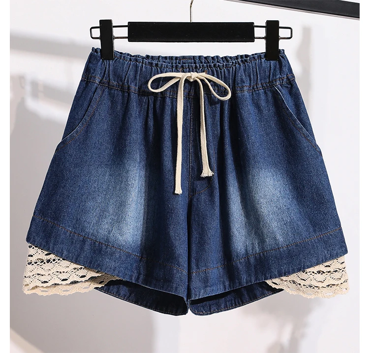 3XL Oversize Denim Wide Leg Shorts Women Summer 100%Cotton Shorts Splice Lace Elastic Waist Cute Soft Girl Frilly Jeans Shorts