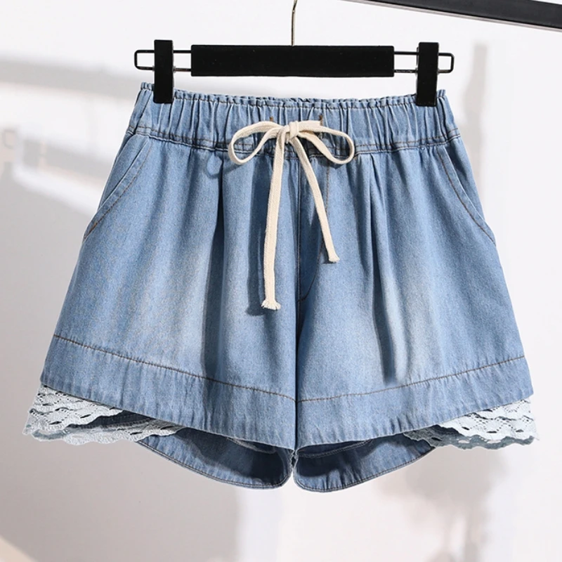 3XL Oversize Denim Wide Leg Shorts Women Summer 100%Cotton Shorts Splice Lace Elastic Waist Cute Soft Girl Frilly Jeans Shorts