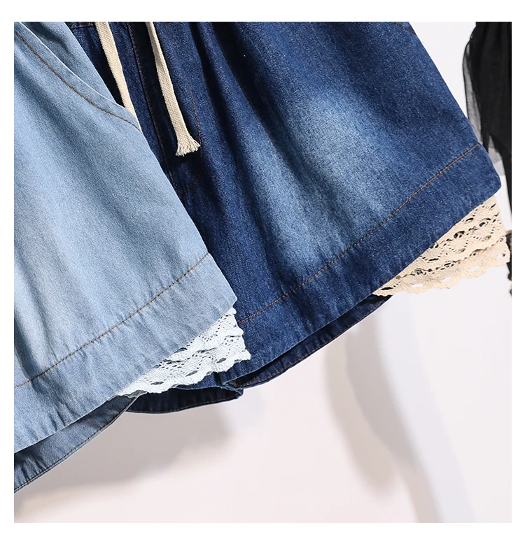 3XL Oversize Denim Wide Leg Shorts Women Summer 100%Cotton Shorts Splice Lace Elastic Waist Cute Soft Girl Frilly Jeans Shorts