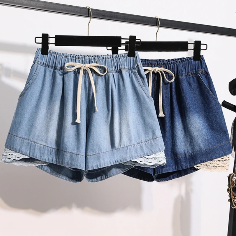 3XL Oversize Denim Wide Leg Shorts Women Summer 100%Cotton Shorts Splice Lace Elastic Waist Cute Soft Girl Frilly Jeans Shorts