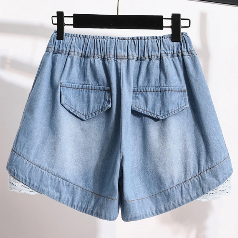 3XL Oversize Denim Wide Leg Shorts Women Summer 100%Cotton Shorts Splice Lace Elastic Waist Cute Soft Girl Frilly Jeans Shorts
