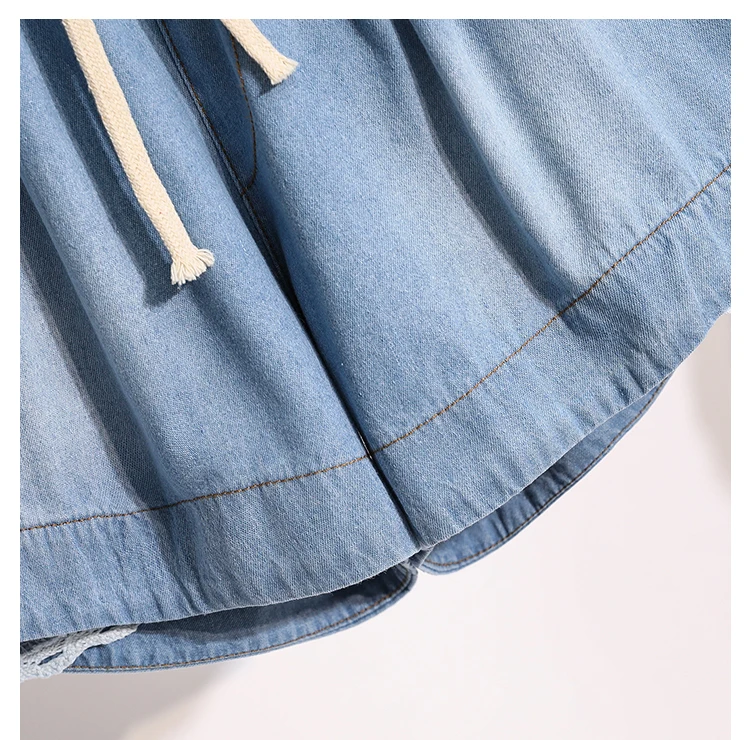 3XL Oversize Denim Wide Leg Shorts Women Summer 100%Cotton Shorts Splice Lace Elastic Waist Cute Soft Girl Frilly Jeans Shorts