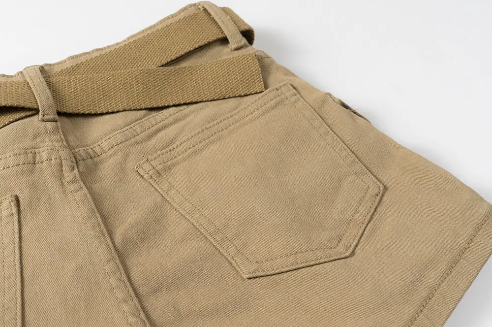 American Vintage Belt Trim High Waist Large Pockets Cargo Shorts Women A-line Long Legs Khaki Casual Shorts Hot Short Pant Chic