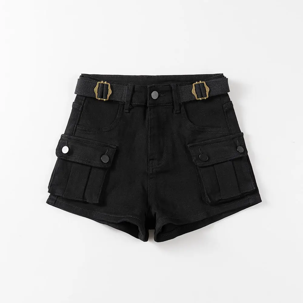 American Vintage Belt Trim High Waist Large Pockets Cargo Shorts Women A-line Long Legs Khaki Casual Shorts Hot Short Pant Chic