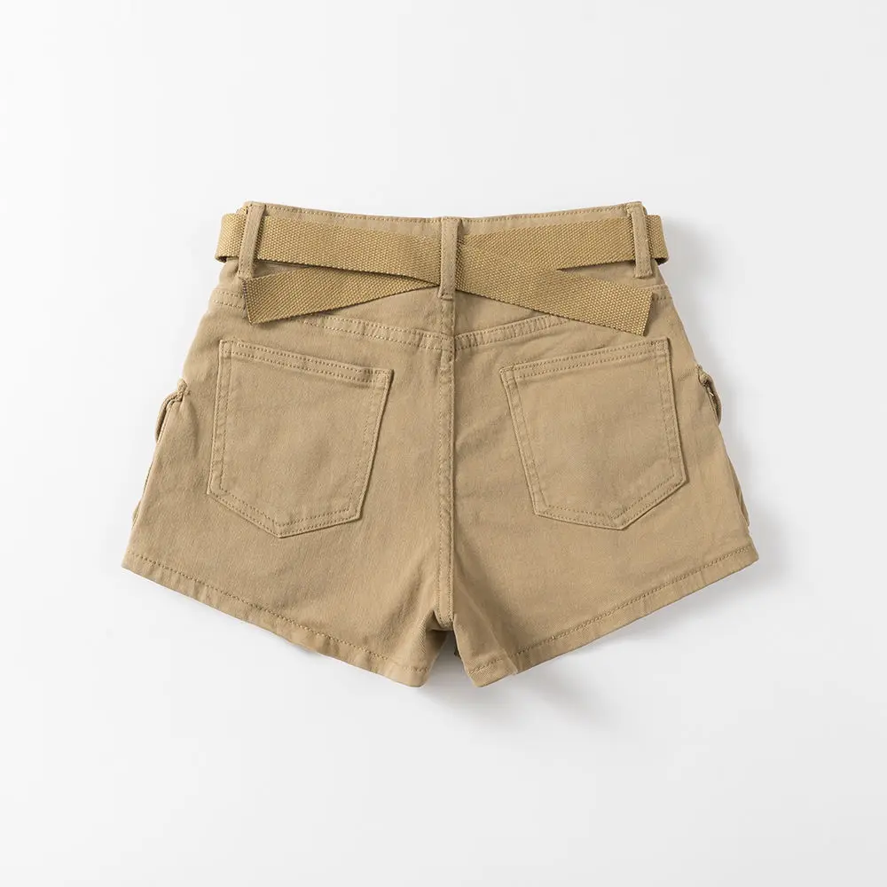 American Vintage Belt Trim High Waist Large Pockets Cargo Shorts Women A-line Long Legs Khaki Casual Shorts Hot Short Pant Chic