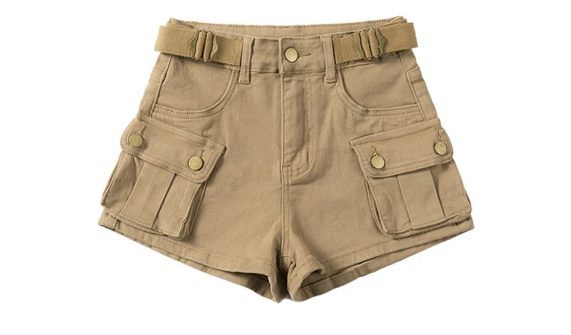 American Vintage Belt Trim High Waist Large Pockets Cargo Shorts Women A-line Long Legs Khaki Casual Shorts Hot Short Pant Chic