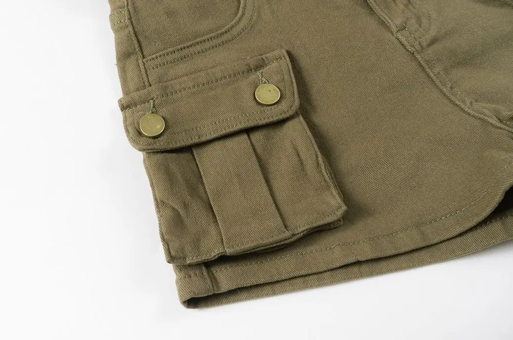 American Vintage Belt Trim High Waist Large Pockets Cargo Shorts Women A-line Long Legs Khaki Casual Shorts Hot Short Pant Chic