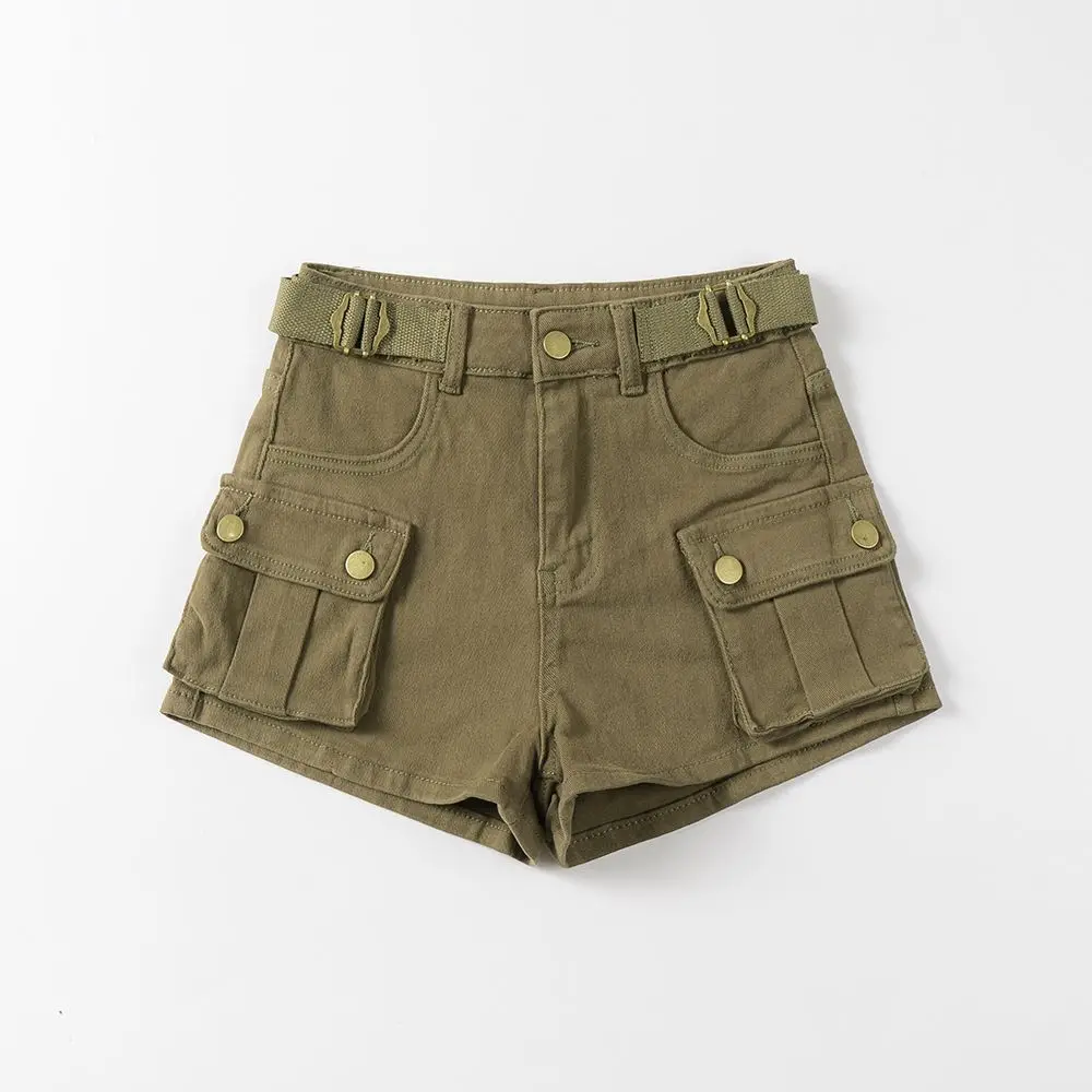 American Vintage Belt Trim High Waist Large Pockets Cargo Shorts Women A-line Long Legs Khaki Casual Shorts Hot Short Pant Chic
