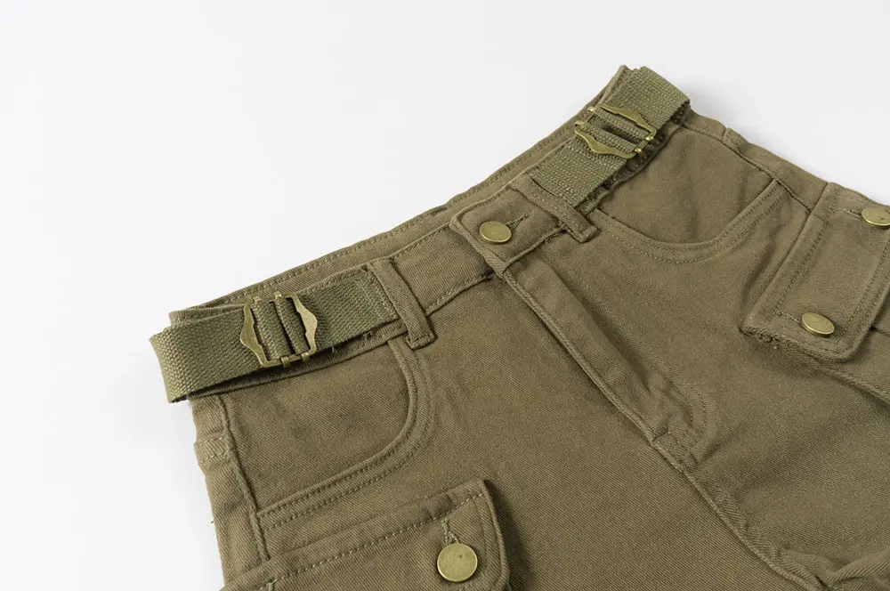 American Vintage Belt Trim High Waist Large Pockets Cargo Shorts Women A-line Long Legs Khaki Casual Shorts Hot Short Pant Chic