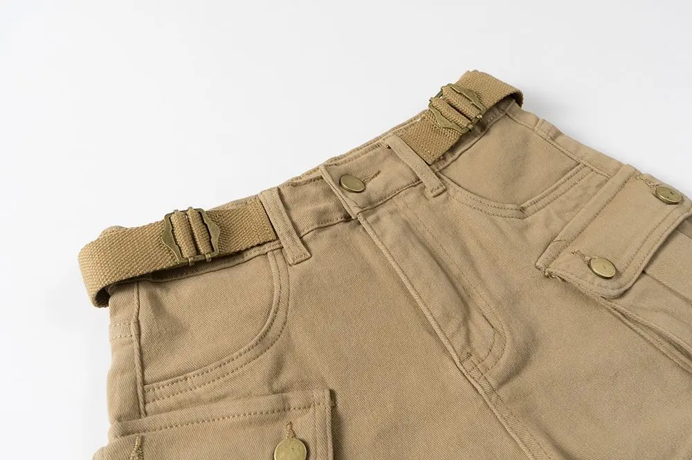 American Vintage Belt Trim High Waist Large Pockets Cargo Shorts Women A-line Long Legs Khaki Casual Shorts Hot Short Pant Chic