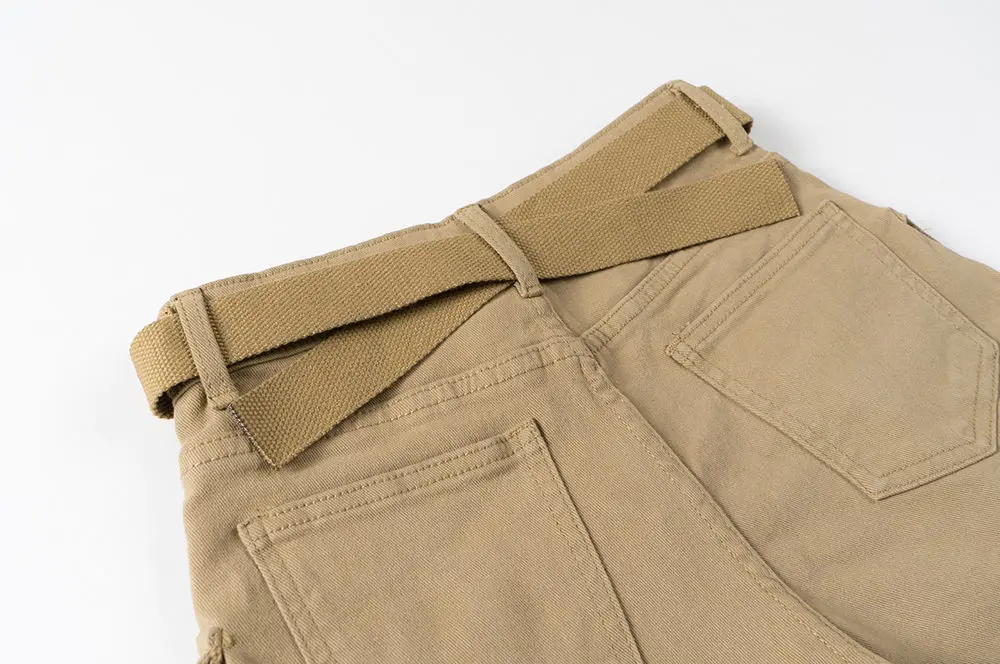 American Vintage Belt Trim High Waist Large Pockets Cargo Shorts Women A-line Long Legs Khaki Casual Shorts Hot Short Pant Chic