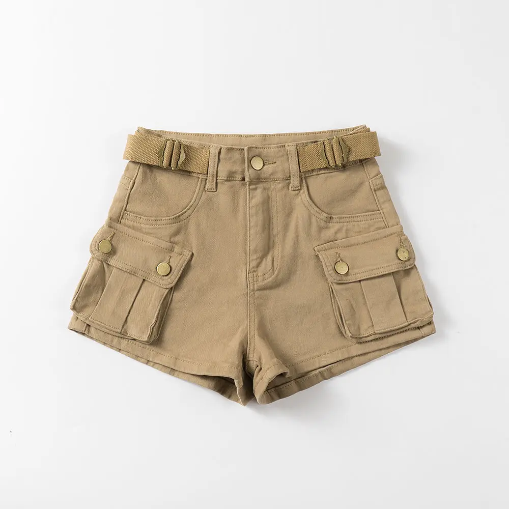 American Vintage Belt Trim High Waist Large Pockets Cargo Shorts Women A-line Long Legs Khaki Casual Shorts Hot Short Pant Chic