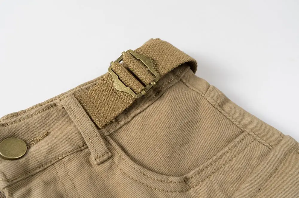 American Vintage Belt Trim High Waist Large Pockets Cargo Shorts Women A-line Long Legs Khaki Casual Shorts Hot Short Pant Chic