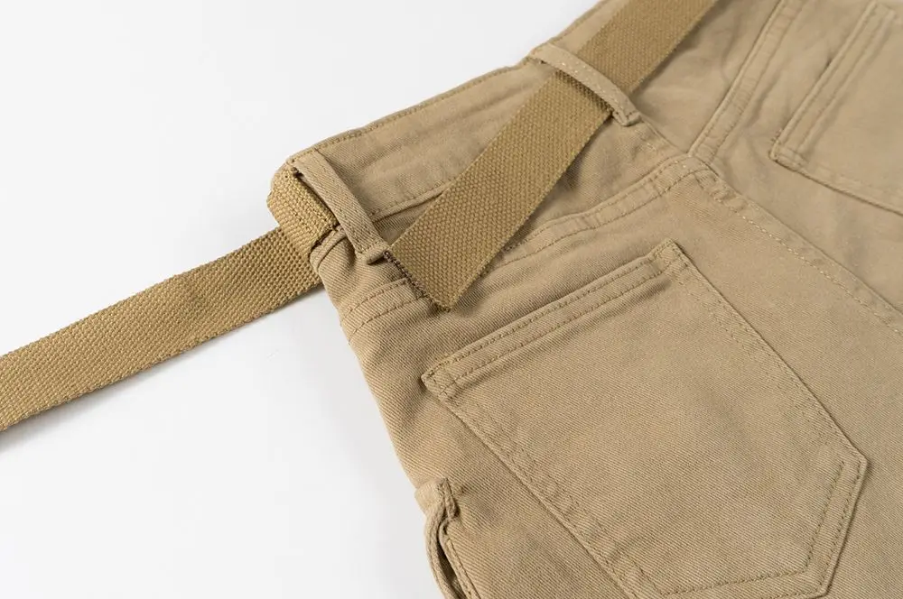American Vintage Belt Trim High Waist Large Pockets Cargo Shorts Women A-line Long Legs Khaki Casual Shorts Hot Short Pant Chic