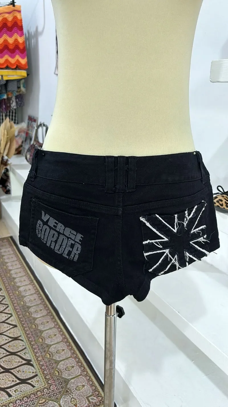Women Y2K Vintage Shorts Black Embroidered Denim High Waisted Shorts Hot Girl Hip Hop Western Retro Street Style Sexy Aesthetic