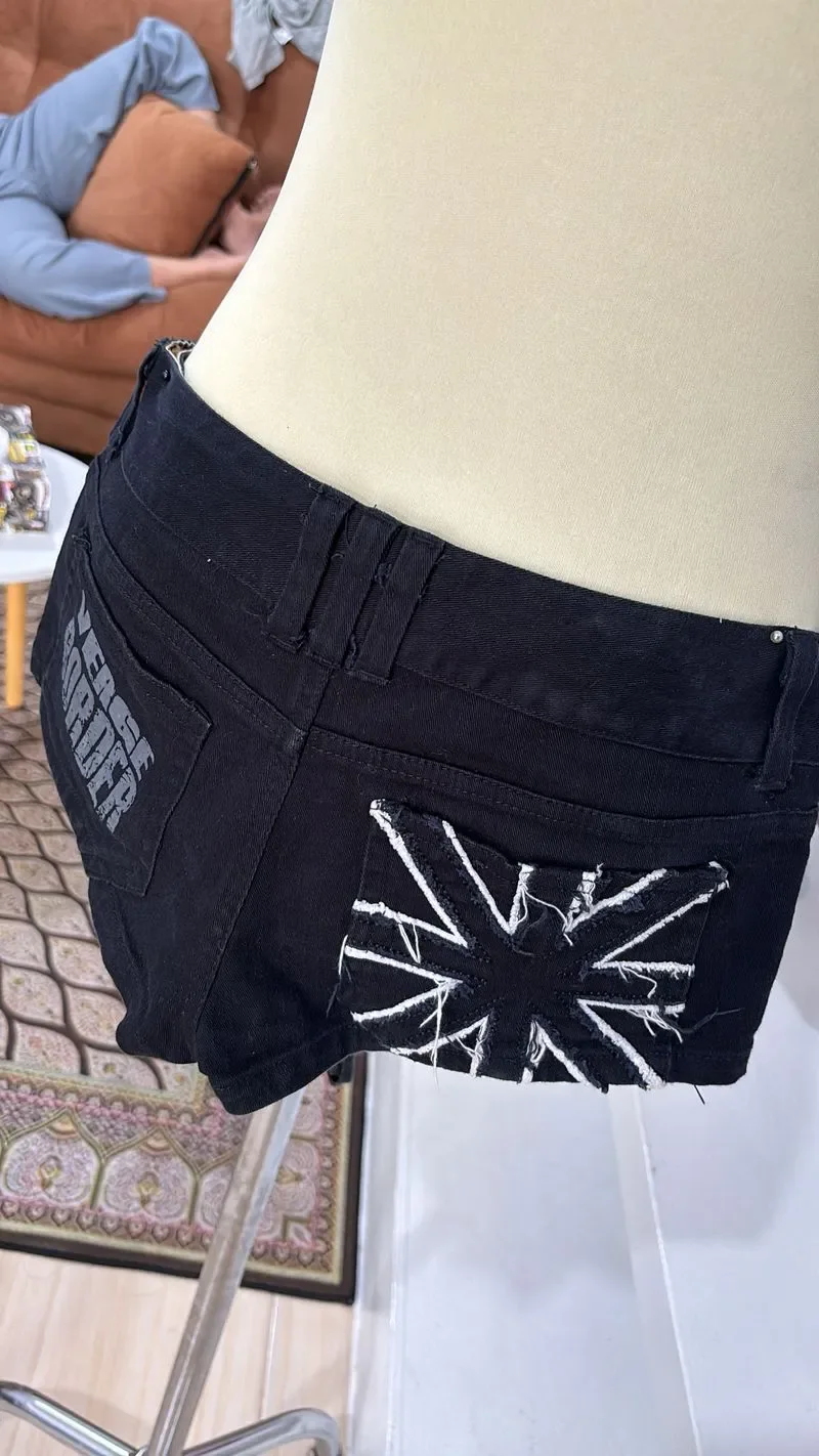 Women Y2K Vintage Shorts Black Embroidered Denim High Waisted Shorts Hot Girl Hip Hop Western Retro Street Style Sexy Aesthetic