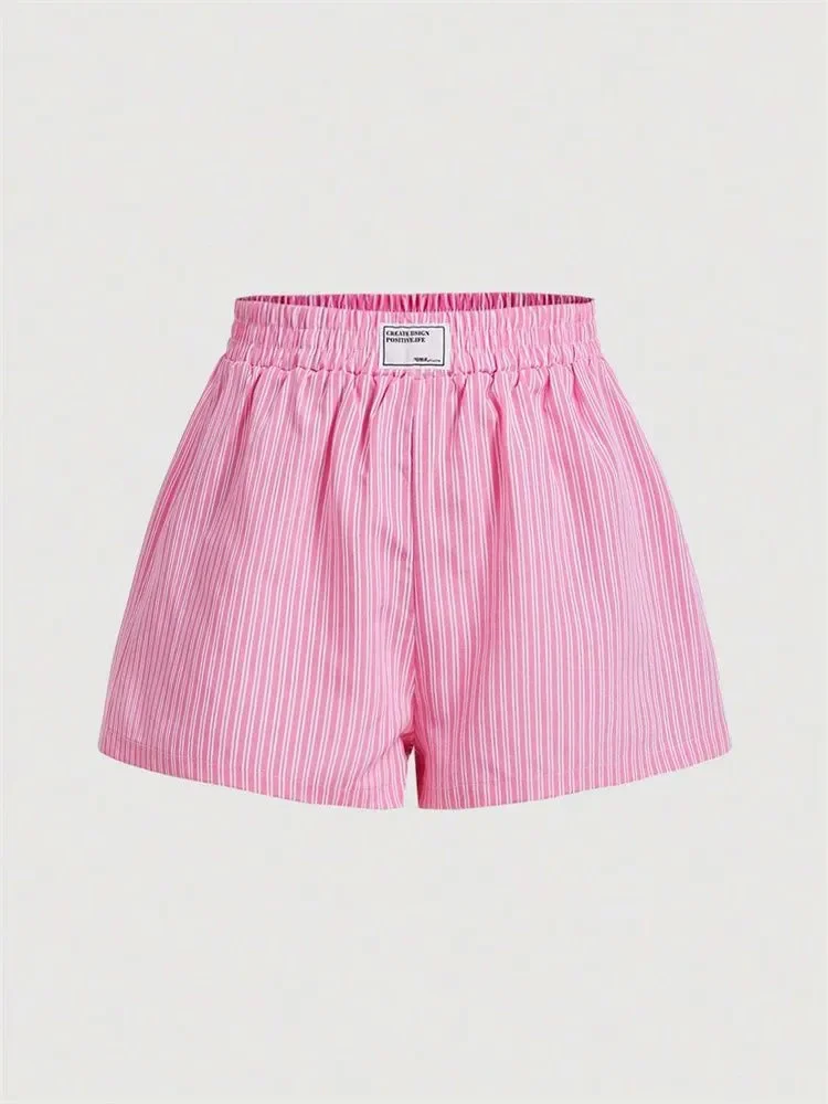 Striped Letter Label Shorts for Women Summer Casual Pink Elastic Waist Shorts Streetwear