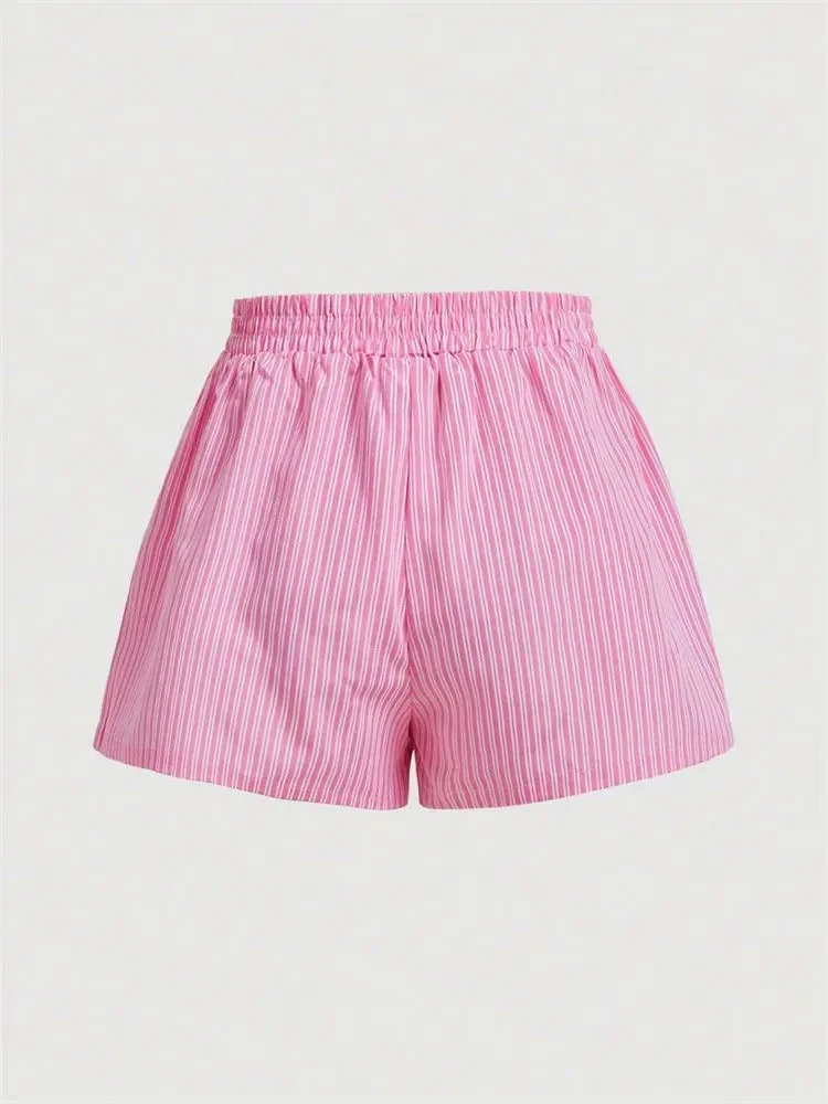 Striped Letter Label Shorts for Women Summer Casual Pink Elastic Waist Shorts Streetwear