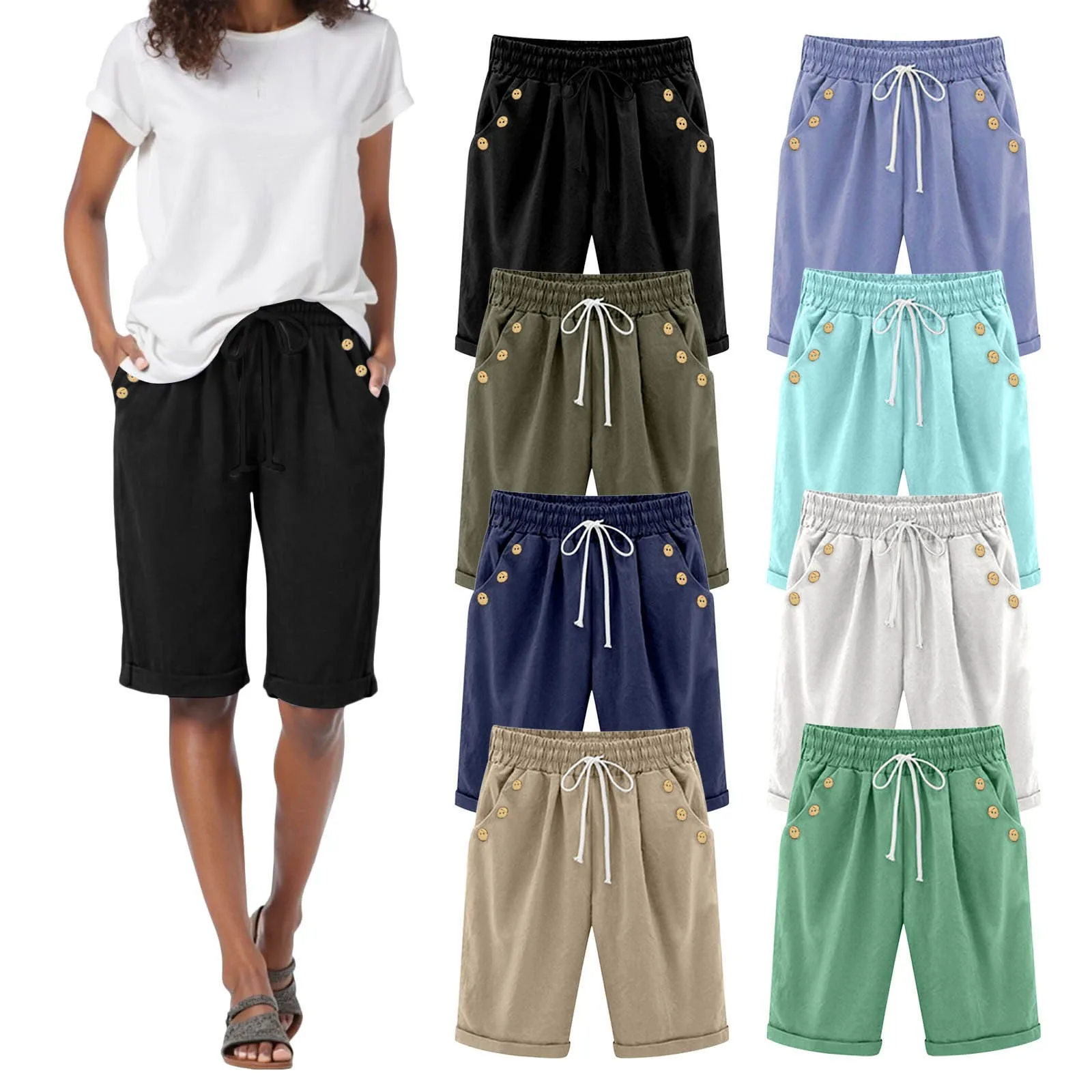 Casual Beach Ladies' Shorts Holiday Vocation Summer Slacks Women Solid Color Casual Button Pocket Elastic High шорты женские