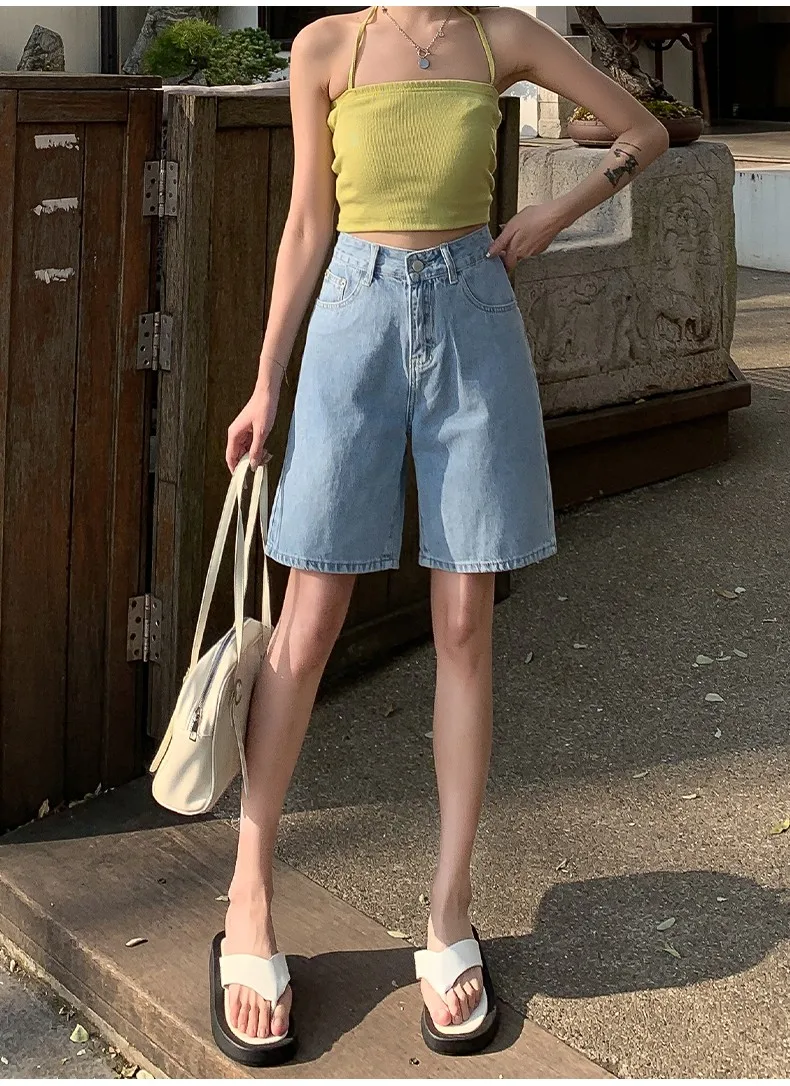 FINEWORDS Summer Vintage High Waist Bermuda Shorts Jeans Women Korean Casual Wide Leg Denim Shorts Streetwear Loose Middle Short