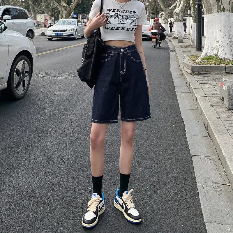 FINEWORDS Summer Vintage High Waist Bermuda Shorts Jeans Women Korean Casual Wide Leg Denim Shorts Streetwear Loose Middle Short
