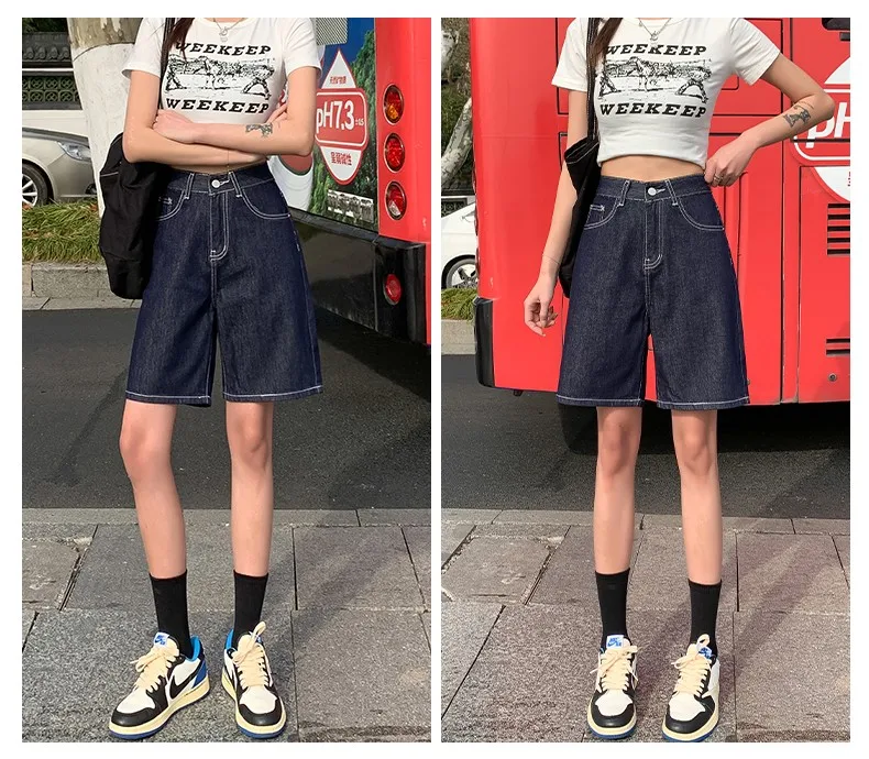 FINEWORDS Summer Vintage High Waist Bermuda Shorts Jeans Women Korean Casual Wide Leg Denim Shorts Streetwear Loose Middle Short