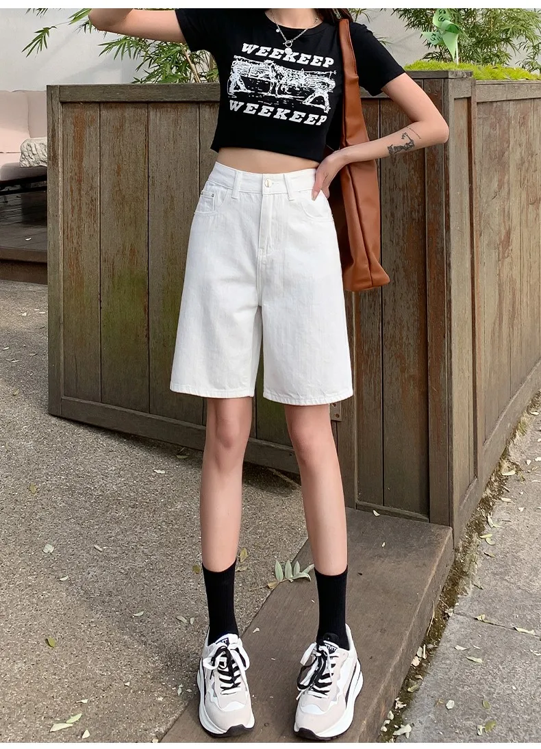FINEWORDS Summer Vintage High Waist Bermuda Shorts Jeans Women Korean Casual Wide Leg Denim Shorts Streetwear Loose Middle Short