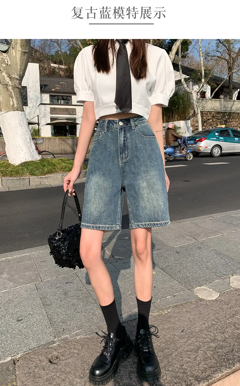 FINEWORDS Summer Vintage High Waist Bermuda Shorts Jeans Women Korean Casual Wide Leg Denim Shorts Streetwear Loose Middle Short
