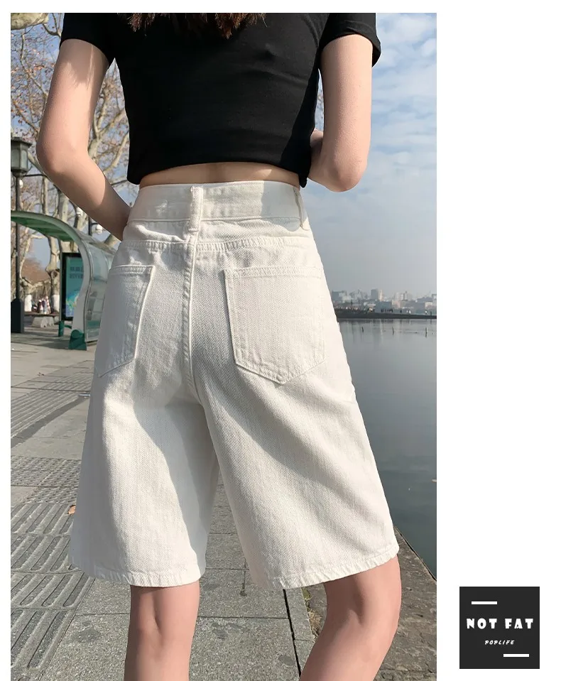 FINEWORDS Summer Vintage High Waist Bermuda Shorts Jeans Women Korean Casual Wide Leg Denim Shorts Streetwear Loose Middle Short
