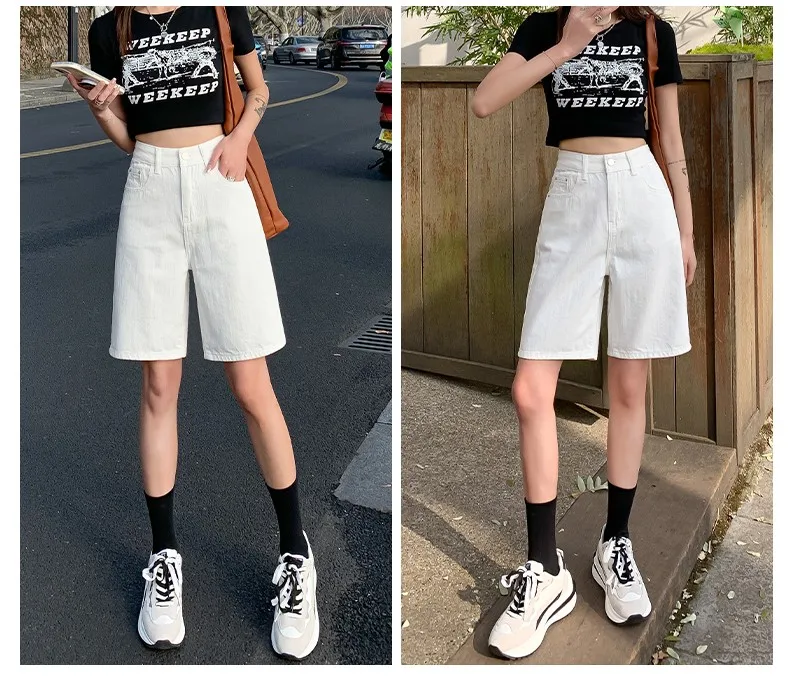 FINEWORDS Summer Vintage High Waist Bermuda Shorts Jeans Women Korean Casual Wide Leg Denim Shorts Streetwear Loose Middle Short