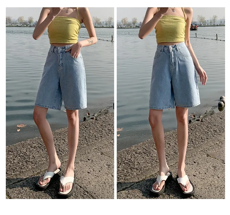FINEWORDS Summer Vintage High Waist Bermuda Shorts Jeans Women Korean Casual Wide Leg Denim Shorts Streetwear Loose Middle Short