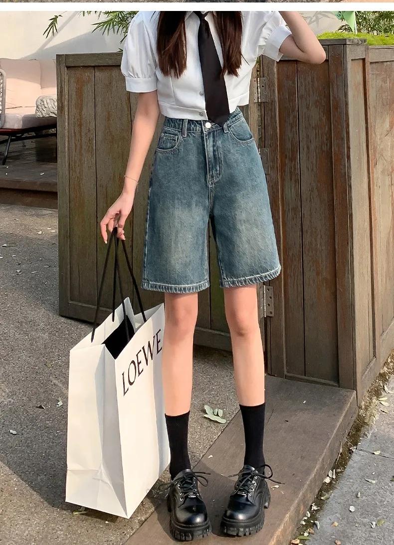 FINEWORDS Summer Vintage High Waist Bermuda Shorts Jeans Women Korean Casual Wide Leg Denim Shorts Streetwear Loose Middle Short