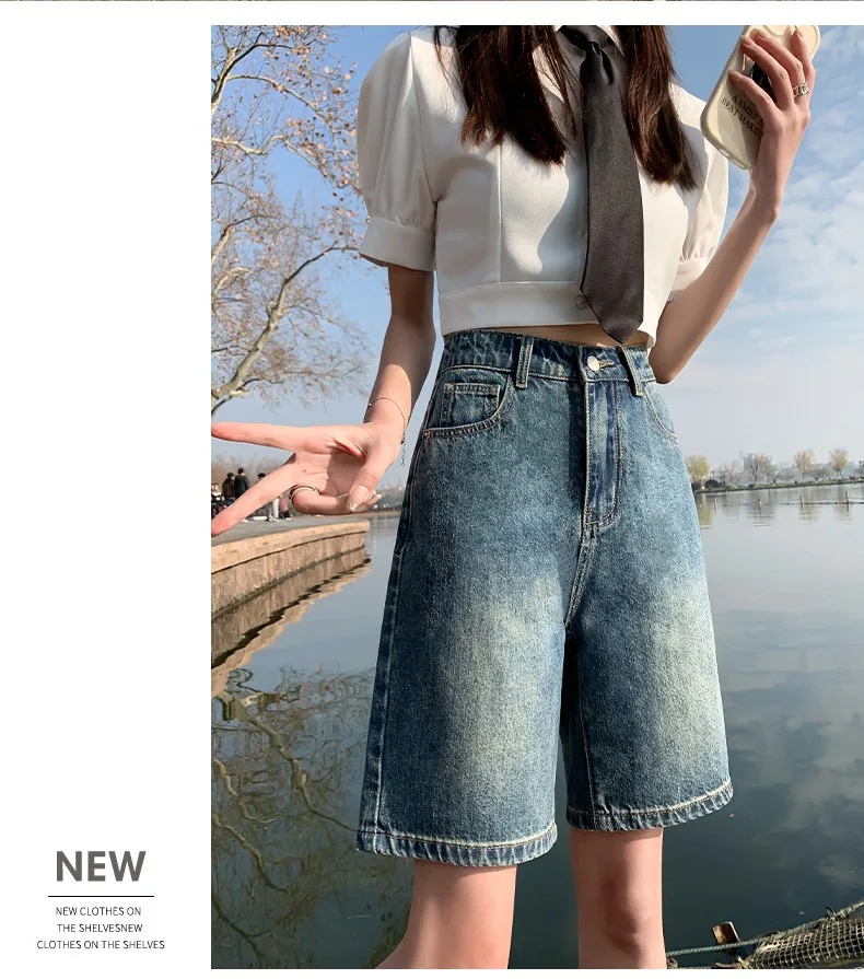 FINEWORDS Summer Vintage High Waist Bermuda Shorts Jeans Women Korean Casual Wide Leg Denim Shorts Streetwear Loose Middle Short