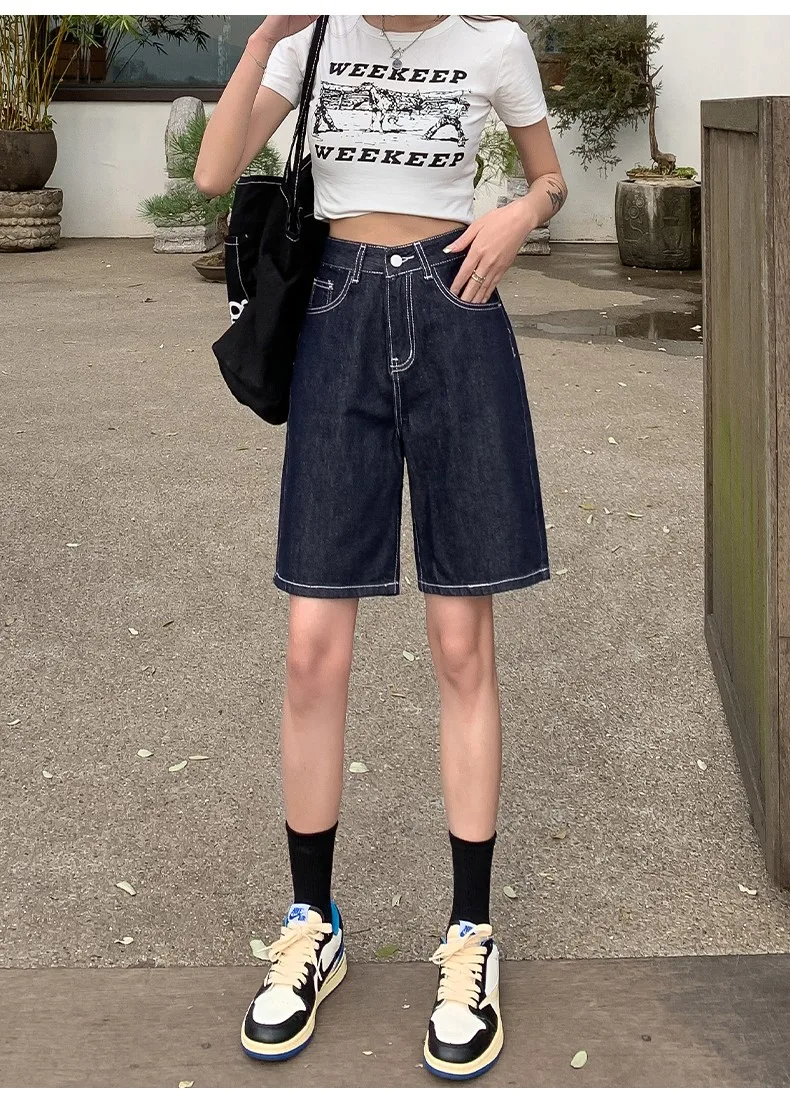 FINEWORDS Summer Vintage High Waist Bermuda Shorts Jeans Women Korean Casual Wide Leg Denim Shorts Streetwear Loose Middle Short