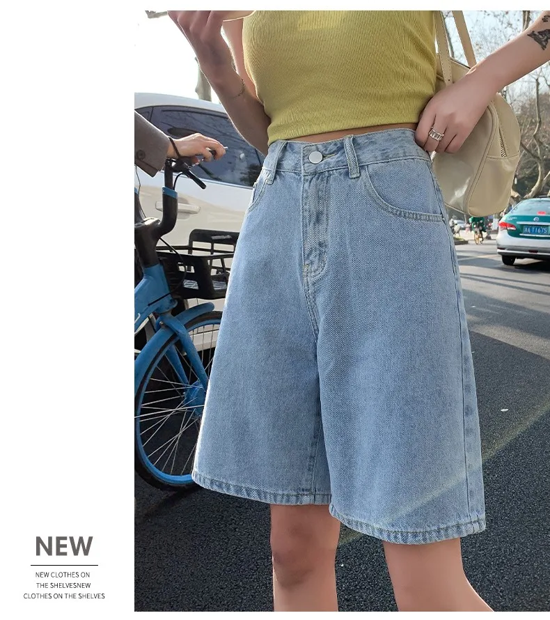 FINEWORDS Summer Vintage High Waist Bermuda Shorts Jeans Women Korean Casual Wide Leg Denim Shorts Streetwear Loose Middle Short