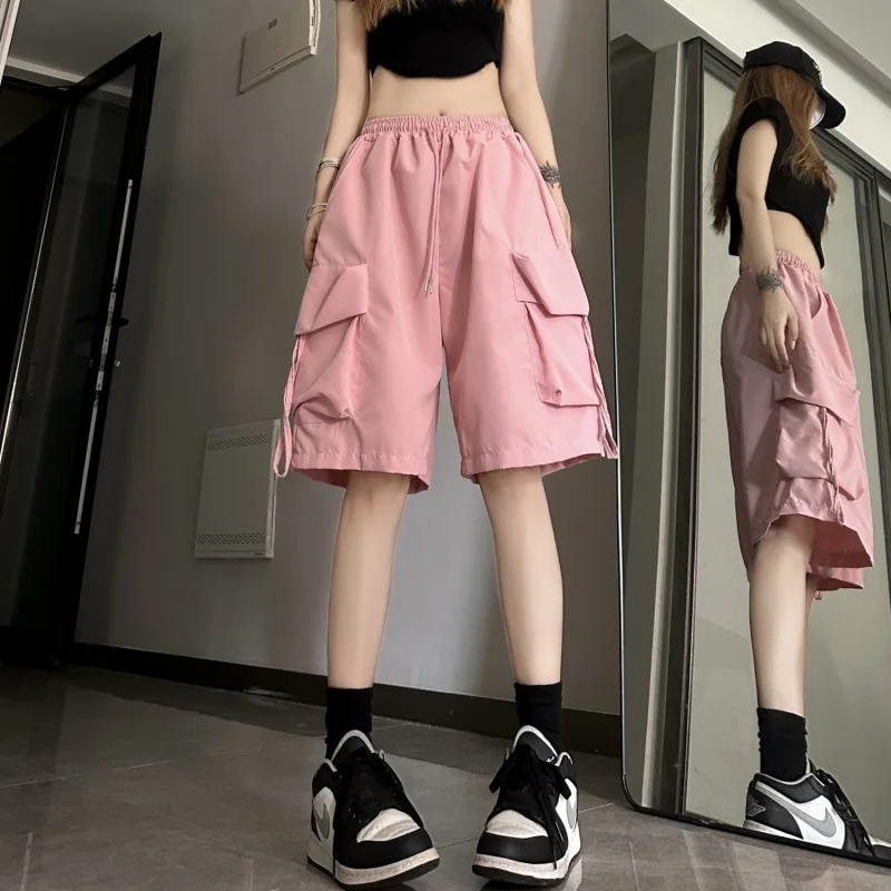 New Dopamine Athletic Shorts Women's Y2K American High Waist Cargo Shorts Casual Wide-leg Cropped Pants