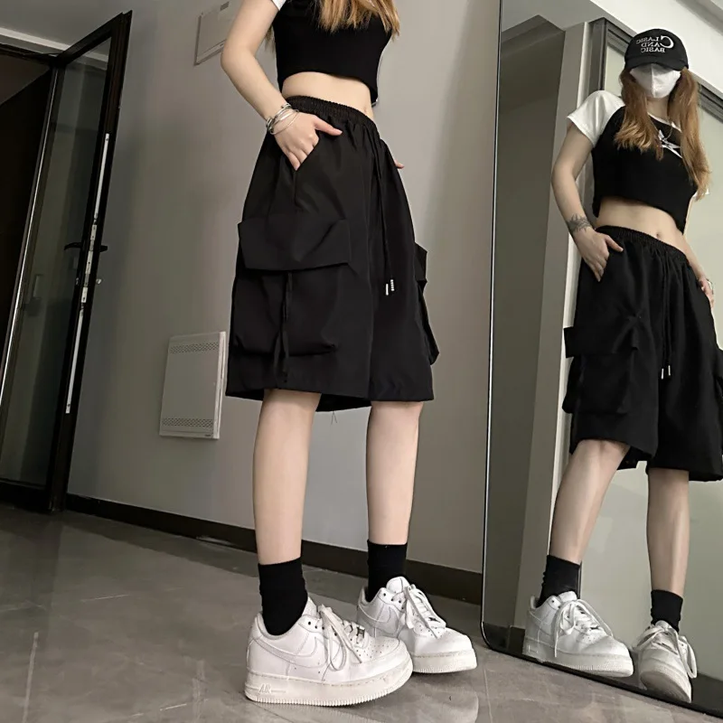 New Dopamine Athletic Shorts Women's Y2K American High Waist Cargo Shorts Casual Wide-leg Cropped Pants