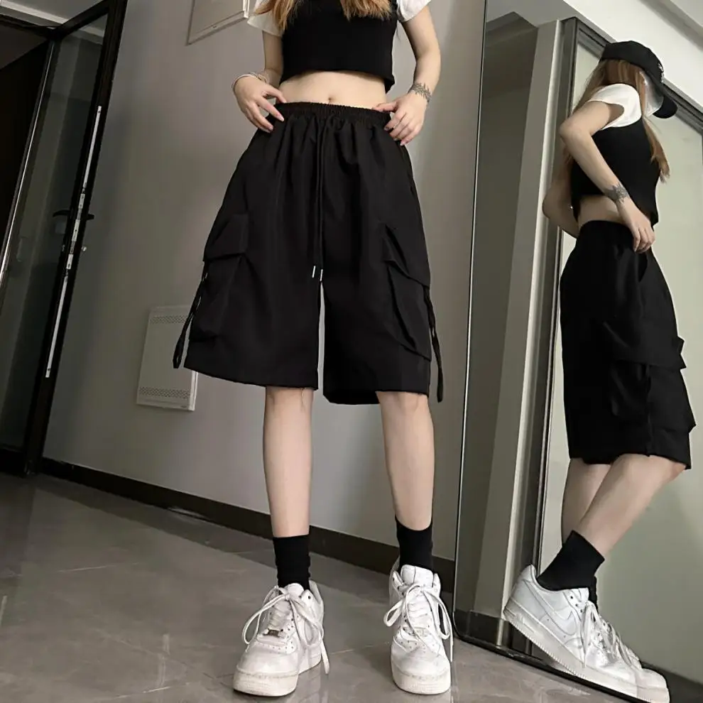 New Dopamine Athletic Shorts Women's Y2K American High Waist Cargo Shorts Casual Wide-leg Cropped Pants