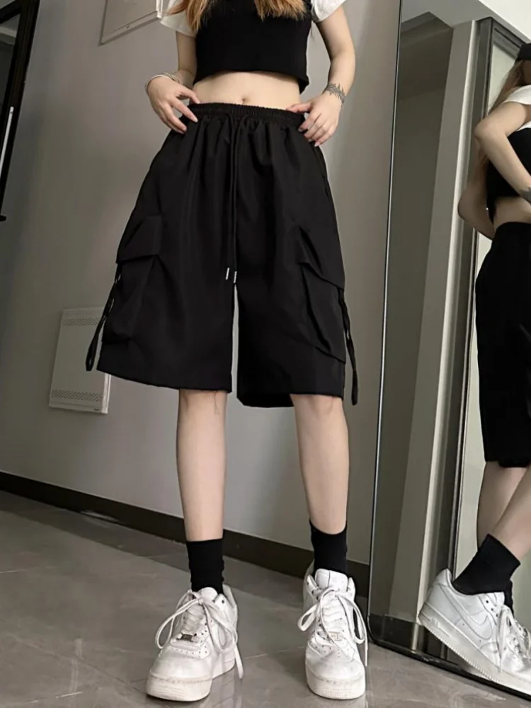 New Dopamine Athletic Shorts Women's Y2K American High Waist Cargo Shorts Casual Wide-leg Cropped Pants