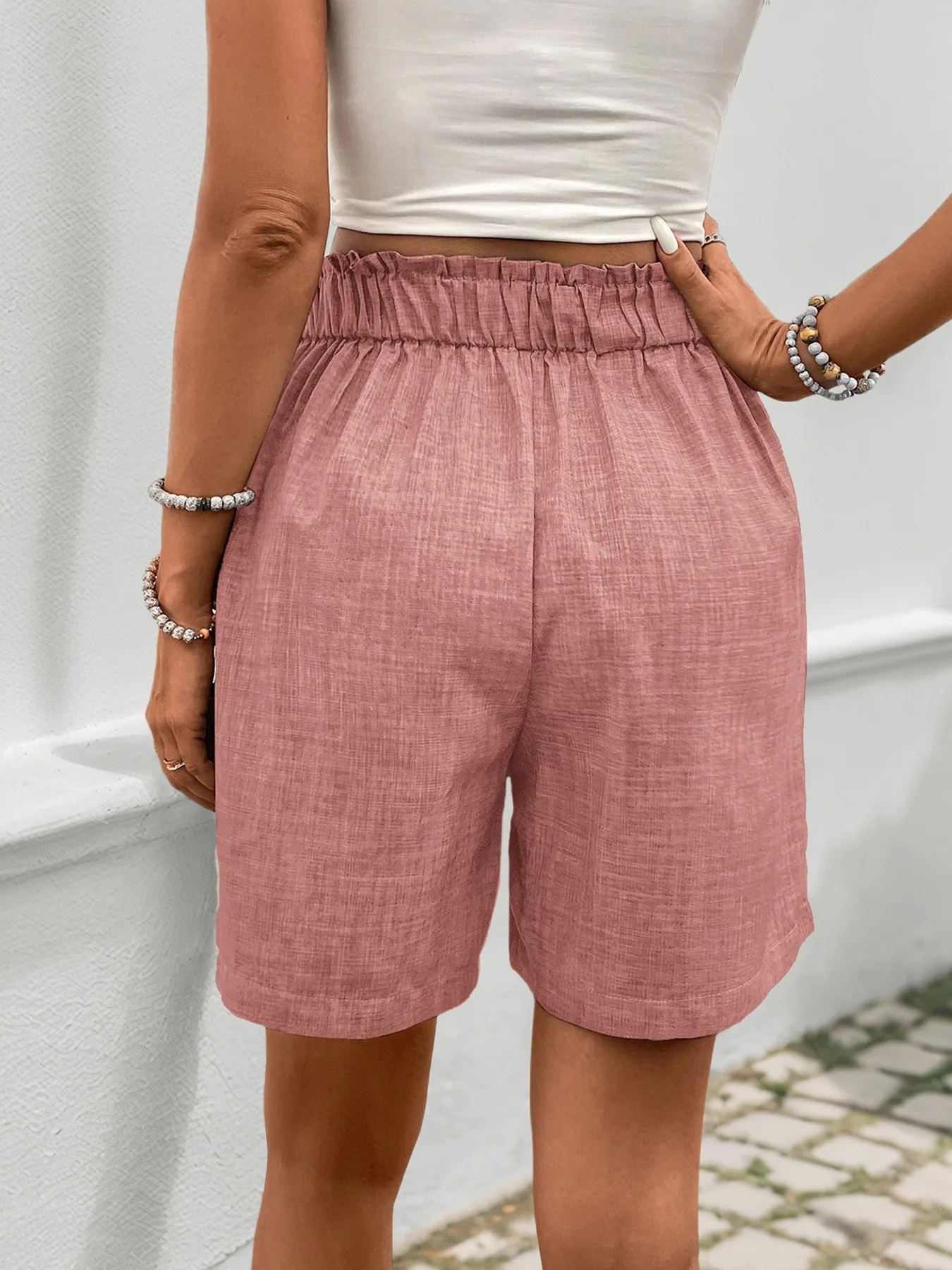 Casual High Waist Shorts with Straight Leg Japanese Korean Casual Minimalist Midweight Pocket No Stretch Woven Women Shorts