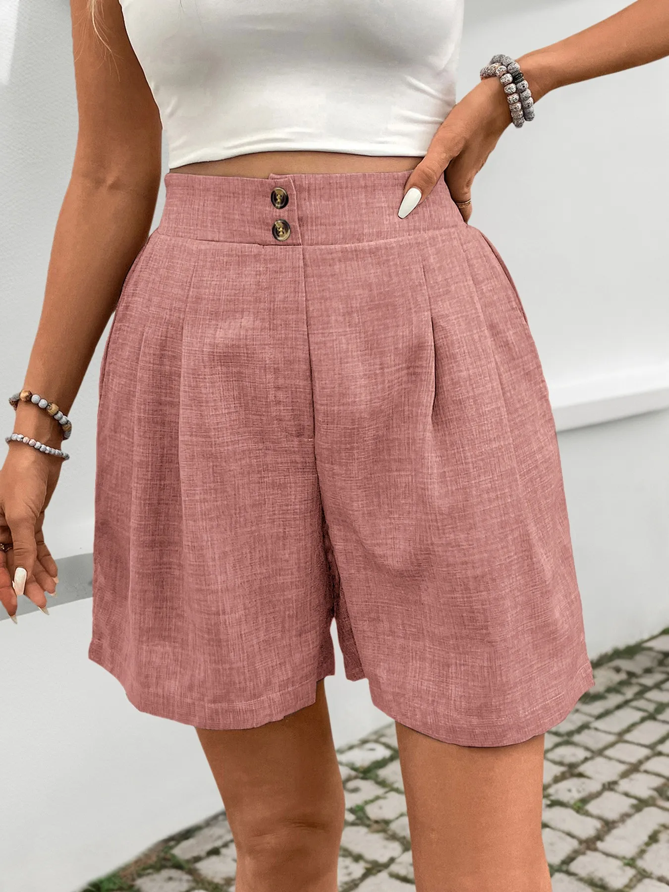 Casual High Waist Shorts with Straight Leg Japanese Korean Casual Minimalist Midweight Pocket No Stretch Woven Women Shorts