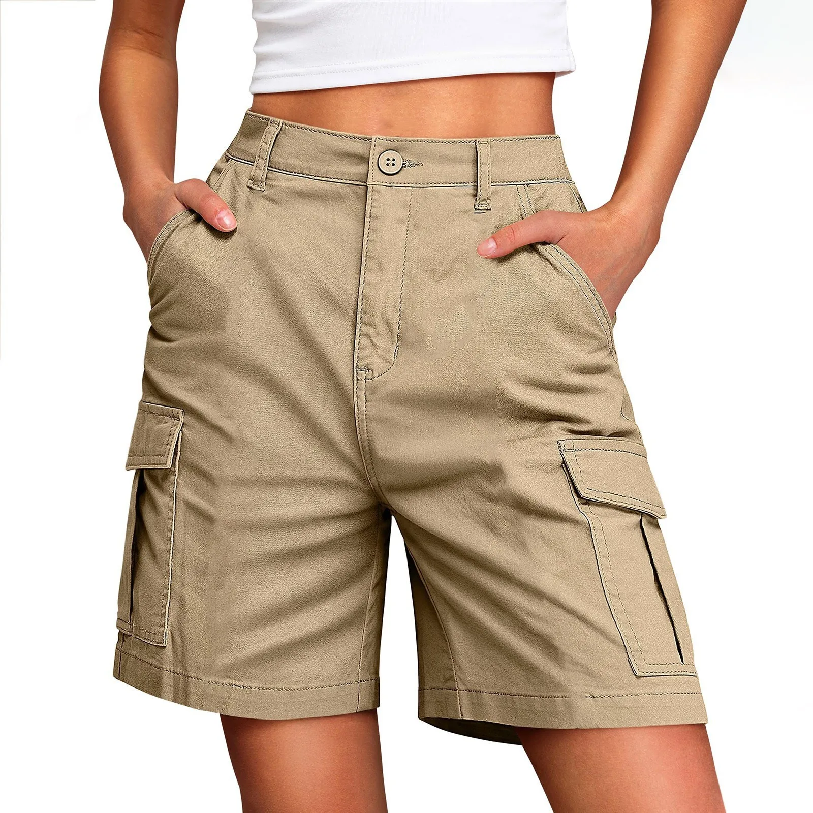 Women's Sporty Mid Waist Knee Length Shorts with 3D Pocket Contrast Panel Solid Color Casual Summer Bottoms for Outdoor Wear