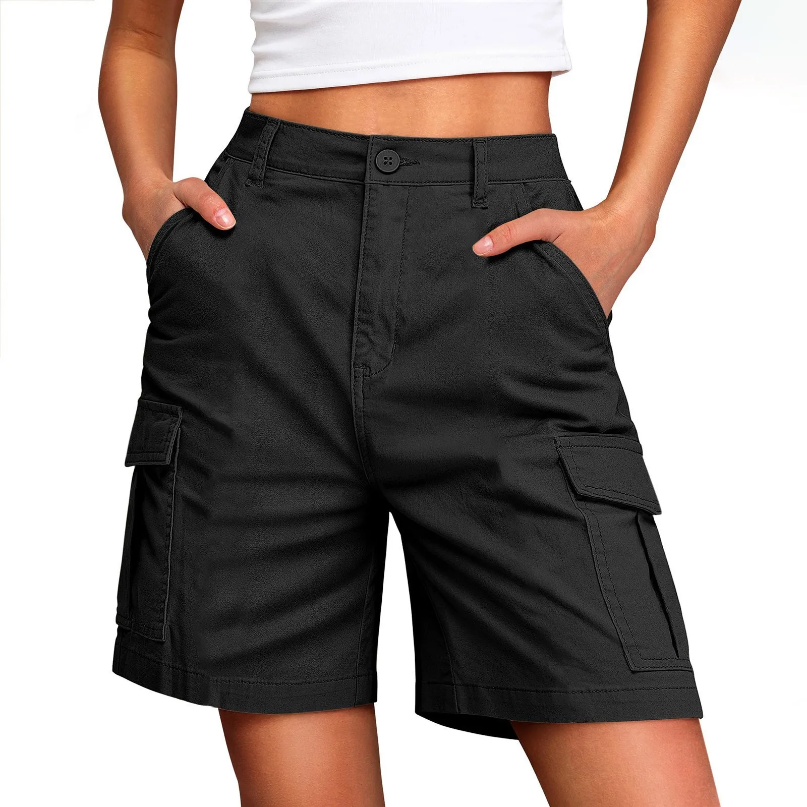 Women's Sporty Mid Waist Knee Length Shorts with 3D Pocket Contrast Panel Solid Color Casual Summer Bottoms for Outdoor Wear