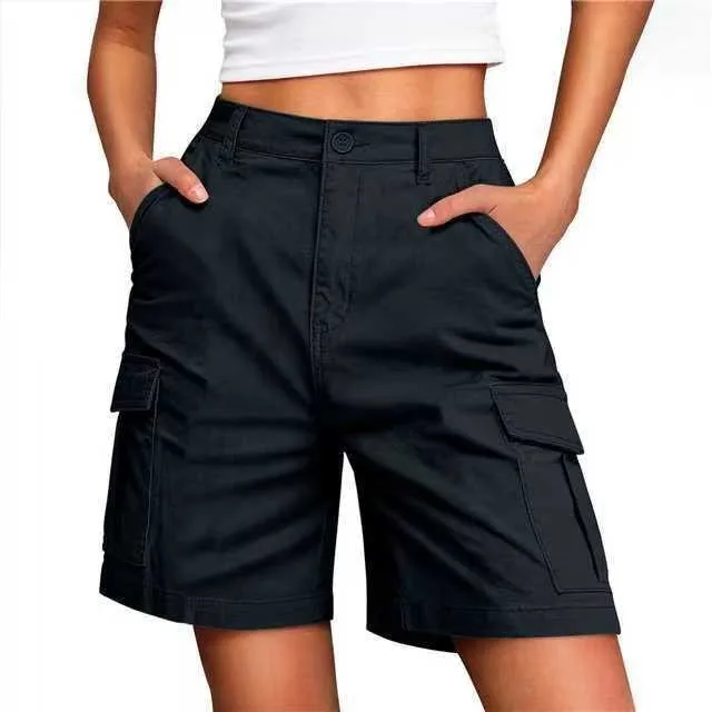 Women's Sporty Mid Waist Knee Length Shorts with 3D Pocket Contrast Panel Solid Color Casual Summer Bottoms for Outdoor Wear